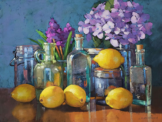"Lemons with Glass Bottles" by Sarah Blumenschein, 12x16" ,NFS