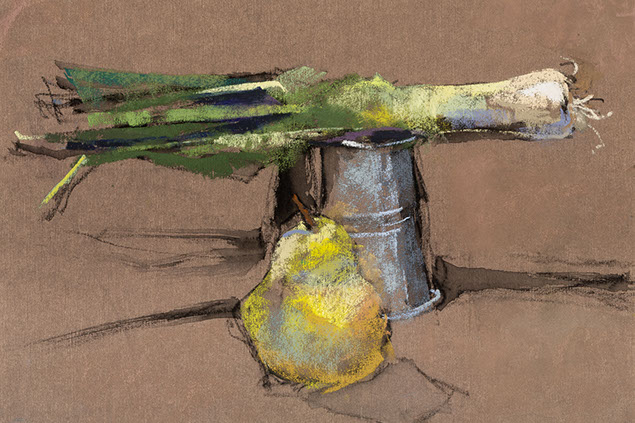"A Leek, a Pear and a Bucket" by Sandy Marvin, 8.5x12", NFS
